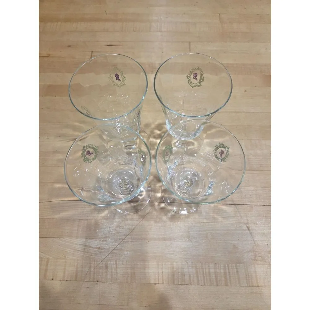 Vintage Cameo Silhouette Water Wine Goblets Set of 4 Green Filigree Clear Glass